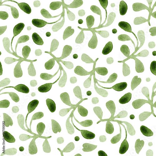 Seamless pattern of elements with spring greenery, twigs, leaves and flowers. Hand drawn watercolor illustration isolated on white background