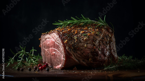 In soft natural light, beautifully elegant roast beef with delicate herb and spice-infused skin beckons, Created with generative Ai Technology.