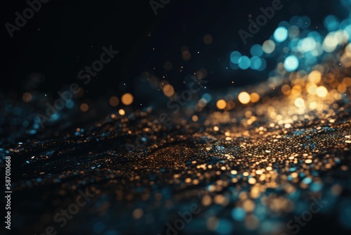 Background of abstract glitter lights. gold blue and black background. Generative AI.
