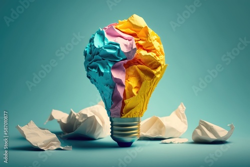 Colored crumpled paper lightbulb on blue background.