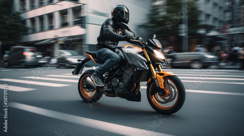 Blazing Through Traffic: A Fast Motorbike with Motion Blur. Generated AI