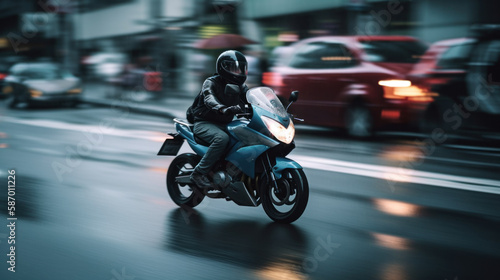 Blazing Through Traffic: A Fast Motorbike with Motion Blur. Generated AI © francodelgrando