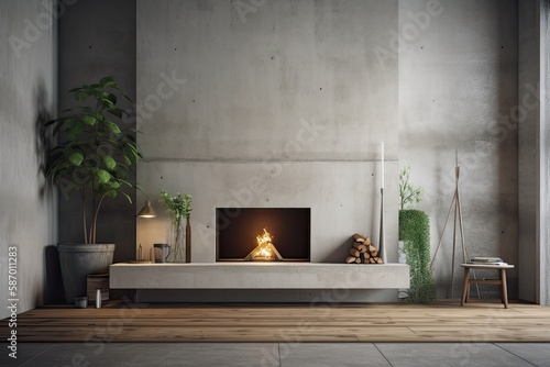 Modern fireplace and concrete walls in minimalist living room. Interior mockup,. Generative AI