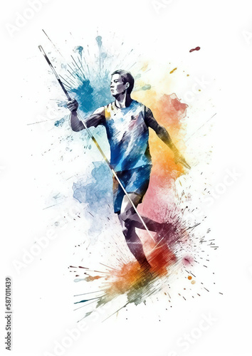 Javelin throw watercolor abstract illustration. One of the branches of athletics is the javelin throw. Colorful paint splatter javelin action, isolated on white background. AI generated illustration. © Czintos Ödön