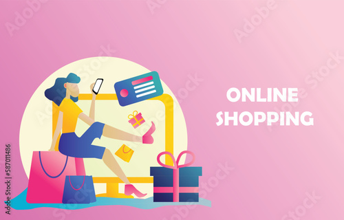 Online shopping , sale with people joyful paper art design for website banner or poster sale . Pastel color, Vector illustration.