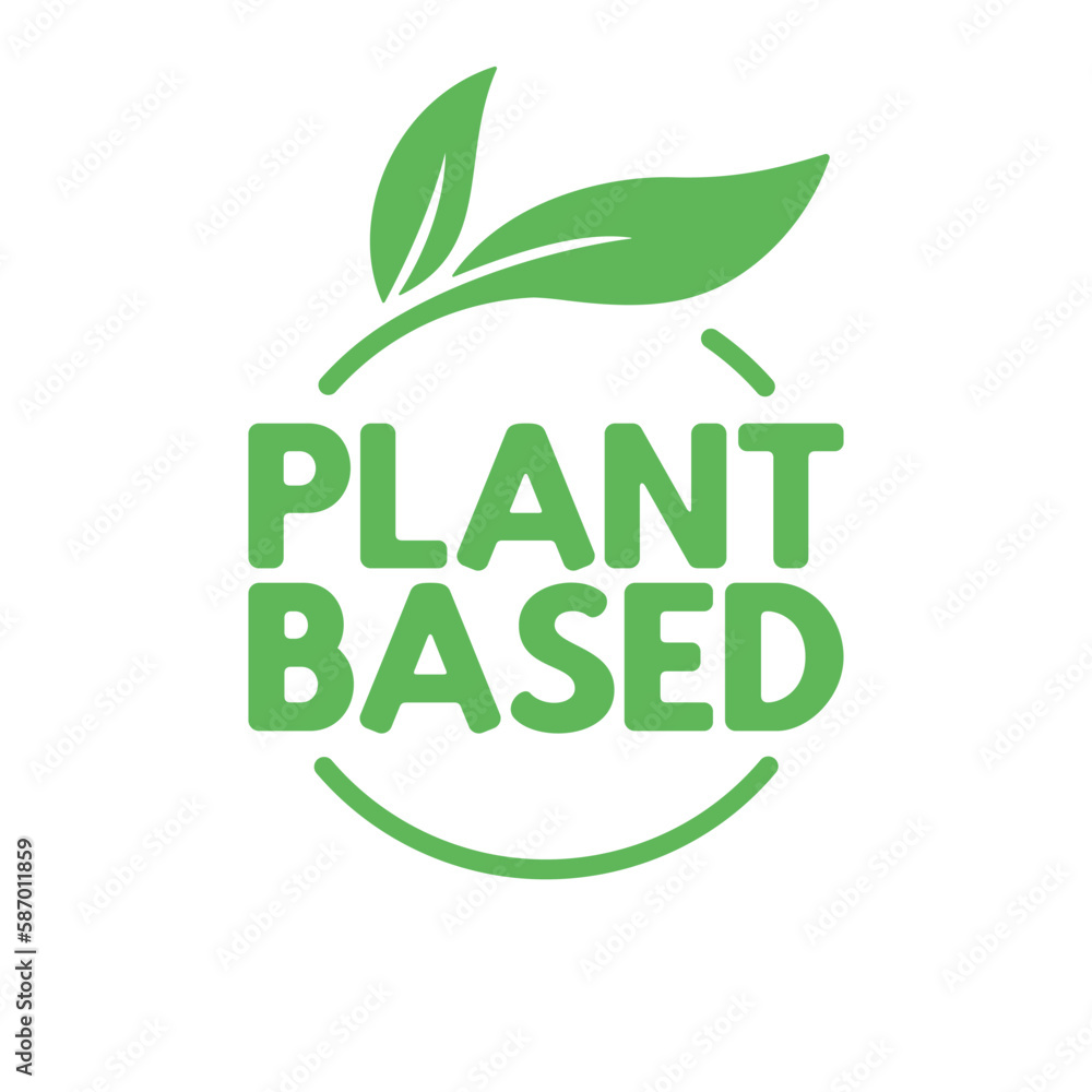 Plant based label. Text inside a circle with leaves around. Vegan friendly badge. Plant based label. Text inside a circle with leaves around. Vegan friendly badge.