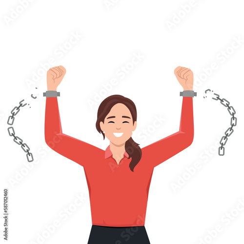 Businesswoman Breaking Metal Chain. Strong Woman. Pressure on Work
