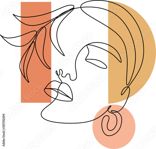 Floral pastel woman abstract line face. One line drawing