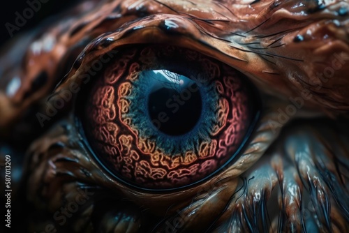 Extreme closeup of the eye of the owl. Generative AI.