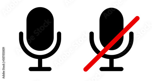A set of microphone and microphone mute icons. Silent mode for web conferencing. Vector.