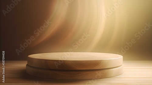 Delicate Pastel Golden Brown Wooden Podium with Backlighting and Haze