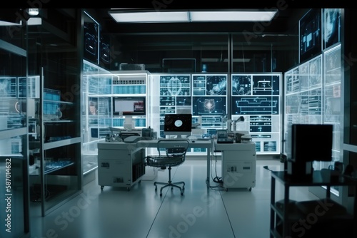 Modern futuristic white laboratory office or workspace, with computer screens and advanced technology filling the space, artificial intelligence, AI generated