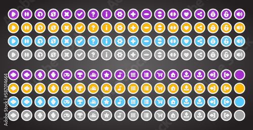 Set of rounded colourful buttons in flat style. 2d asset for user interface GUI in mobile application or casual video game.