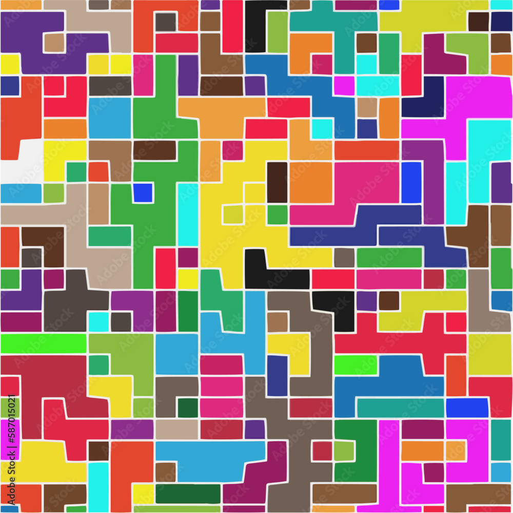 Modern geometric abstraction with color planes and white lines. Abstract background with simple shapes - rectangles and squares. Mosaic ornament. Modern geometric abstraction with color planes and white lines. Abstract background with simple shapes - rectangles and squares. Mosaic ornament.