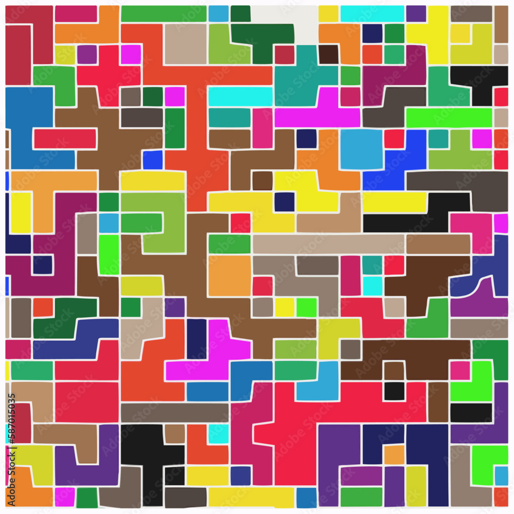 Modern geometric abstraction with color planes and white lines. Abstract background with simple shapes - rectangles and squares. Mosaic ornament. Modern geometric abstraction with color planes and white lines. Abstract background with simple shapes - rectangles and squares. Mosaic ornament.