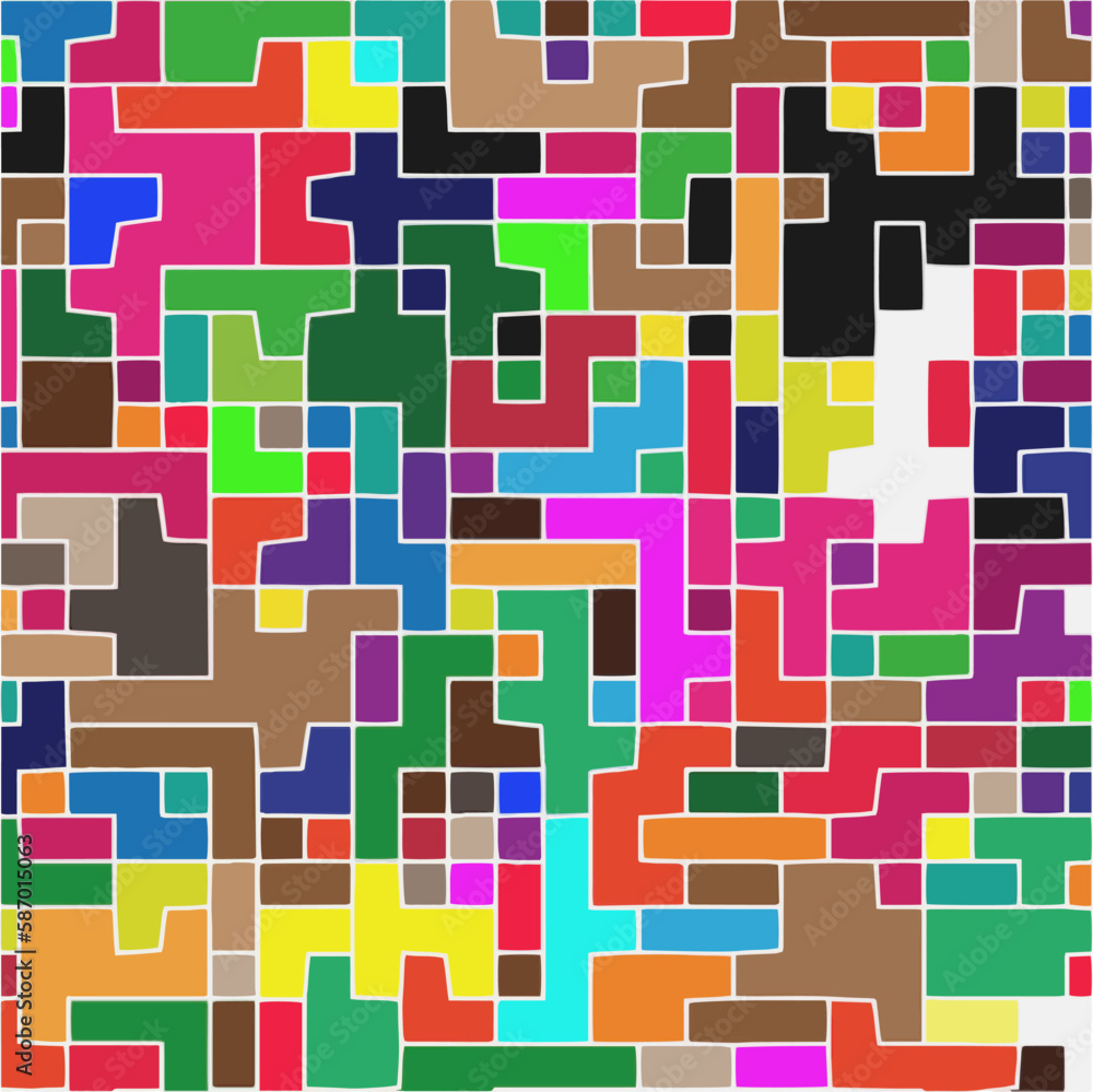 Modern geometric abstraction with color planes and white lines. Abstract background with simple shapes - rectangles and squares. Mosaic ornament. Modern geometric abstraction with color planes and white lines. Abstract background with simple shapes - rectangles and squares. Mosaic ornament.