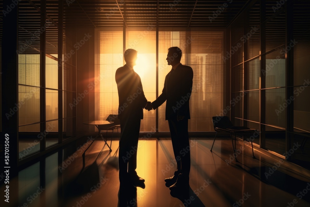 Two Business Men Wearing Suits Shaking Hands In Office in evening , silhouette, Negotiation, ai generated