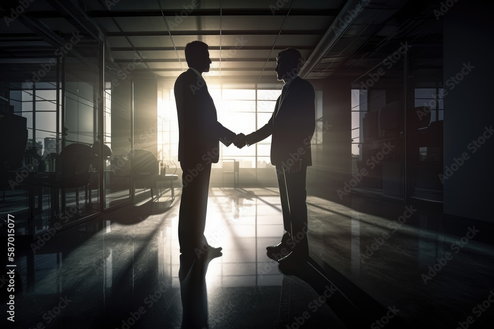 Two Business Men Wearing Suits Shaking Hands In Office in evening , silhouette, Negotiation, ai generated