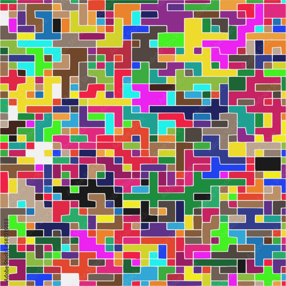 Modern geometric abstraction with color planes and white lines. Abstract background with simple shapes - rectangles and squares. Mosaic ornament. Modern geometric abstraction with color planes and white lines. Abstract background with simple shapes - rectangles and squares. Mosaic ornament.