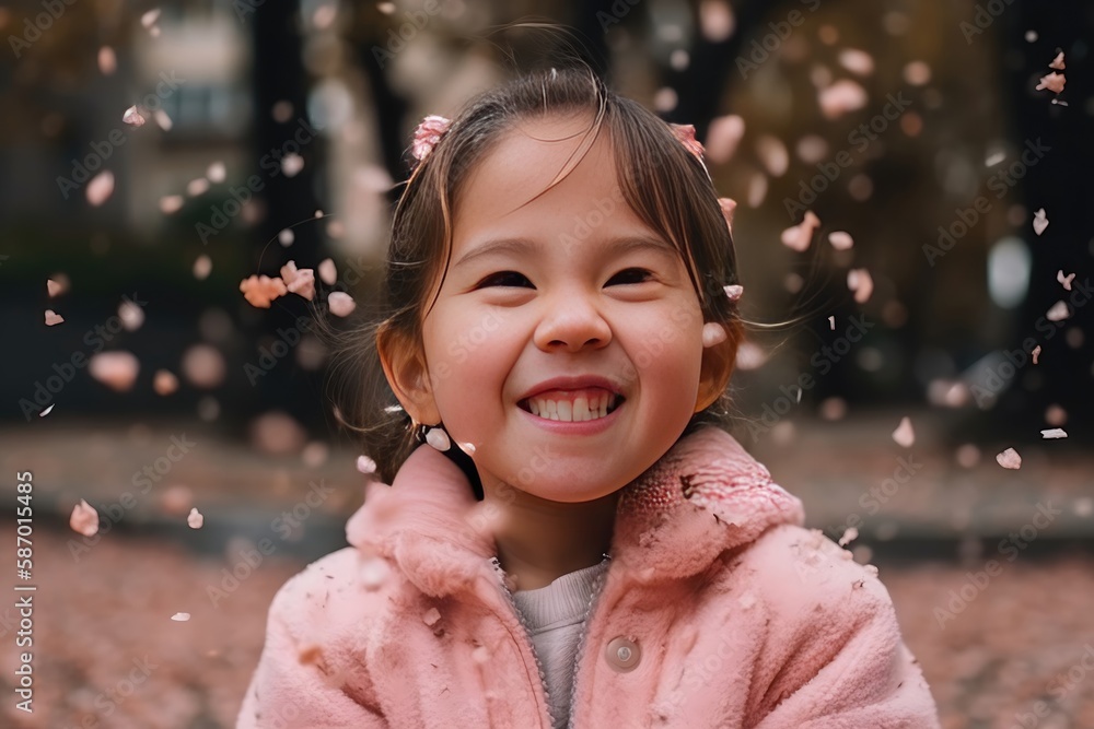 Happy adorable little girl wearing cute sweater standing under a blooming Sakura tree, pink petals scattered on the ground, joyful, natural beauty, generative AI Happy adorable little girl wearing cute sweater standing under a blooming Sakura tree, pink petals scattered on the ground, joyful, natural beauty, generative AI