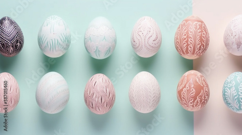 Top view on group of beautiful patterned easter eggs on light background