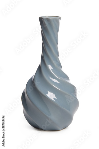 Close-up shot of a gray faceted ceramic vase. A small empty vase with a long narrow neck is isolated on a white background. Front view.