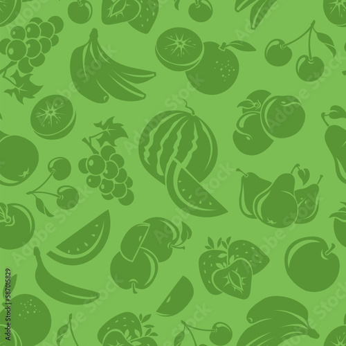 Seamless pattern with various fruit silhouettes. Green seamless background