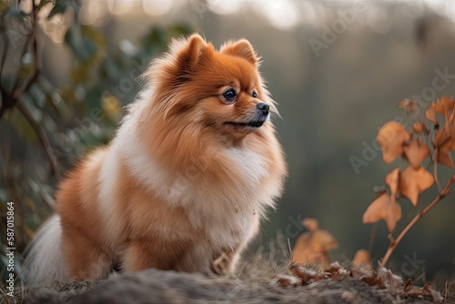 Pomeranian fluffy dog breed stands. Generative AI © AkuAku