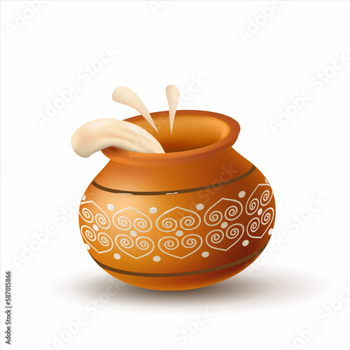 Ancient Indian dahi handi (clay pot with yogurt, cream or curd). Traditional attribute for Vishu (Vishukani) and Krishna Janmashtami festivals. Vector illustration.
