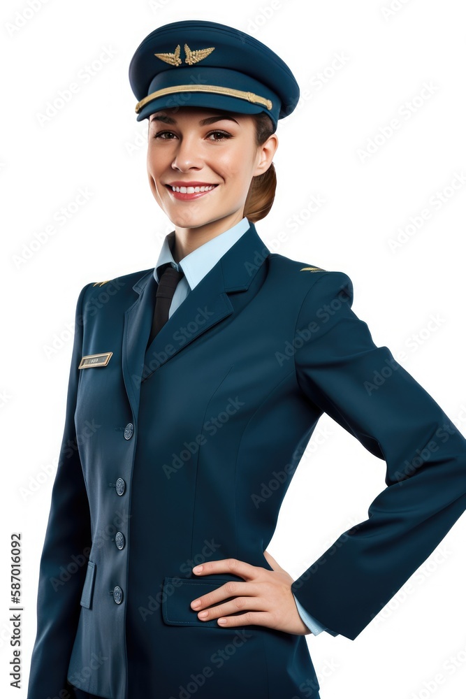 Beautiful and positive female air hostess at work. smiling, isolated on white background, generative AI Beautiful and positive female air hostess at work. smiling, isolated on white background, generative AI