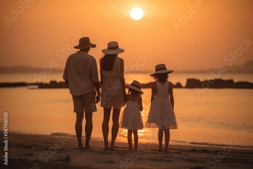 Back view of a happy family on sunset  parents and children  generative AI