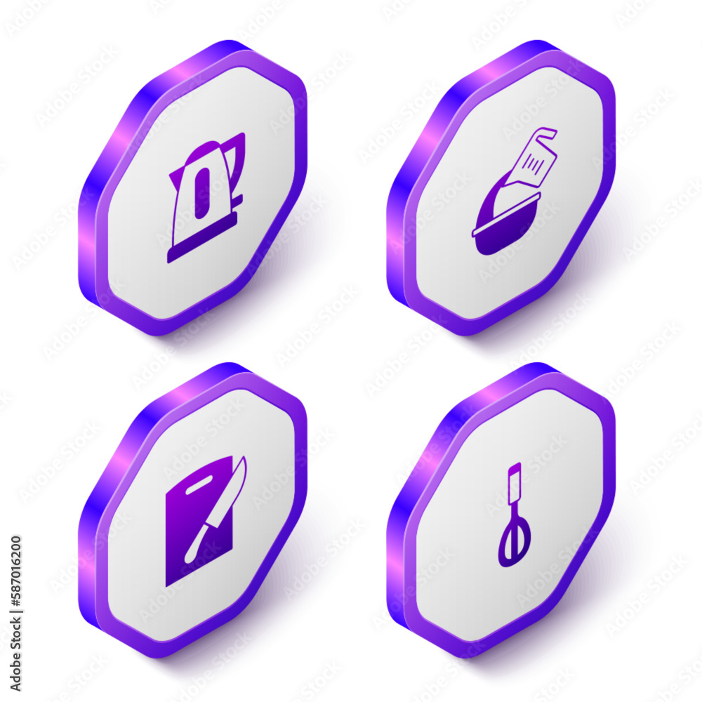 Set Isometric Electric kettle, Measuring cup and bowl, Cutting board knife and Kitchen whisk icon. Purple hexagon button. Vector Set Isometric Electric kettle, Measuring cup and bowl, Cutting board knife and Kitchen whisk icon. Purple hexagon button. Vector
