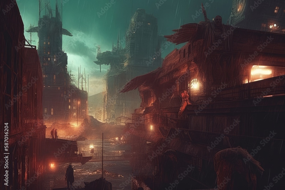 Steampunk post apocalyptic city scene
