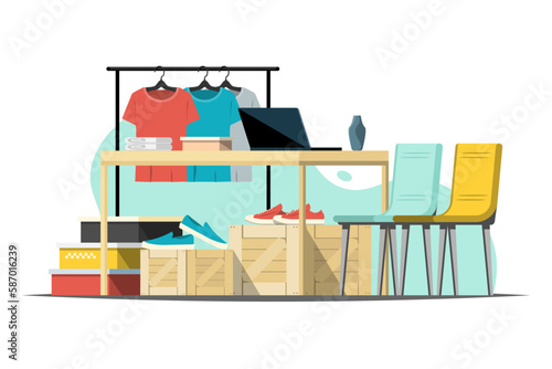 Personal products for sale on flea market, Digital marketing illustration.