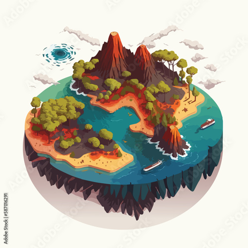 illustration of Islands with volcanoes and forests in the white space isometric