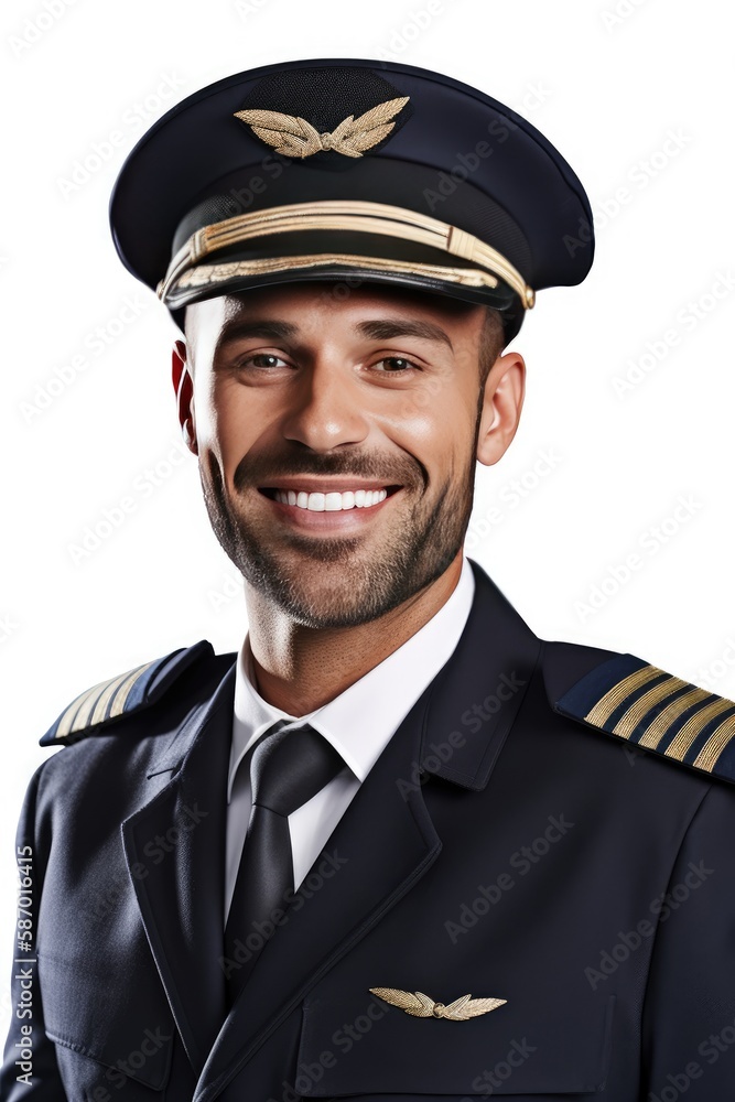 Handsome and positive male pilot smiling. isolated on white background, generative AI Handsome and positive male pilot smiling. isolated on white background, generative AI