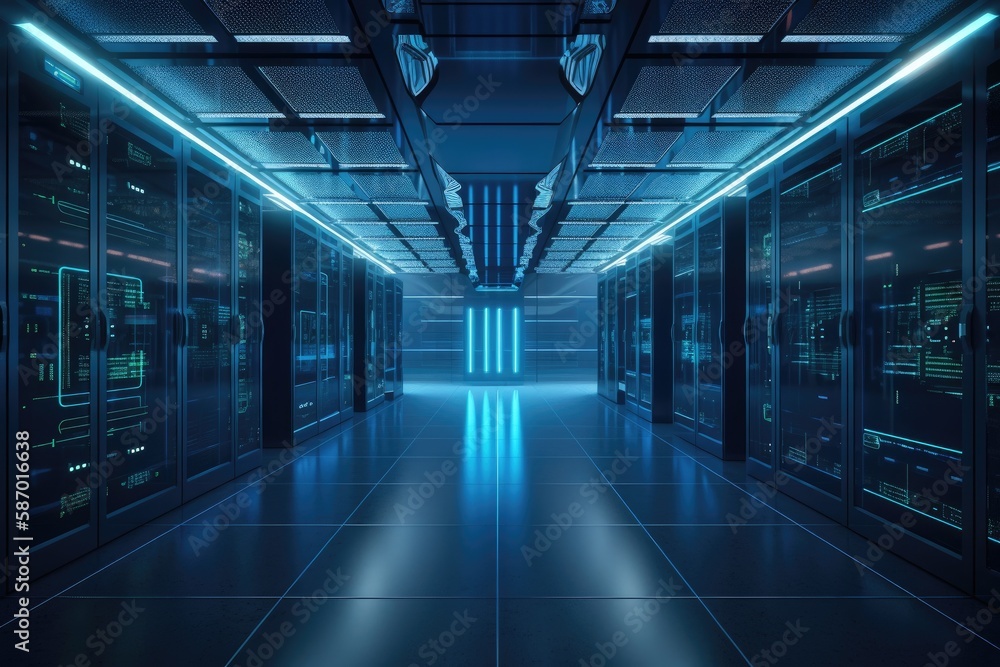 Fototapeta premium Working Data Center Full of Rack Servers and Supercomputers, Modern Telecommunications, Artificial Intelligence, Supercomputer Technology, generative AI