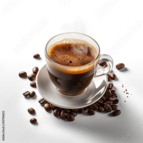 cup of Costa Rican coffee with beans on white background
