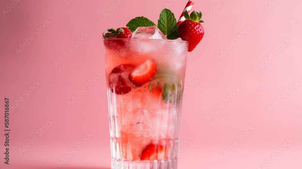 Strawberry drink in a glass with a strawberry and a straw. Pink background. Generetive AI Strawberry drink in a glass with a strawberry and a straw. Pink background. Generetive AI