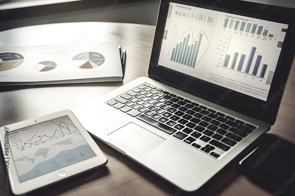 Business documents and laptop digital render Business documents and laptop digital render