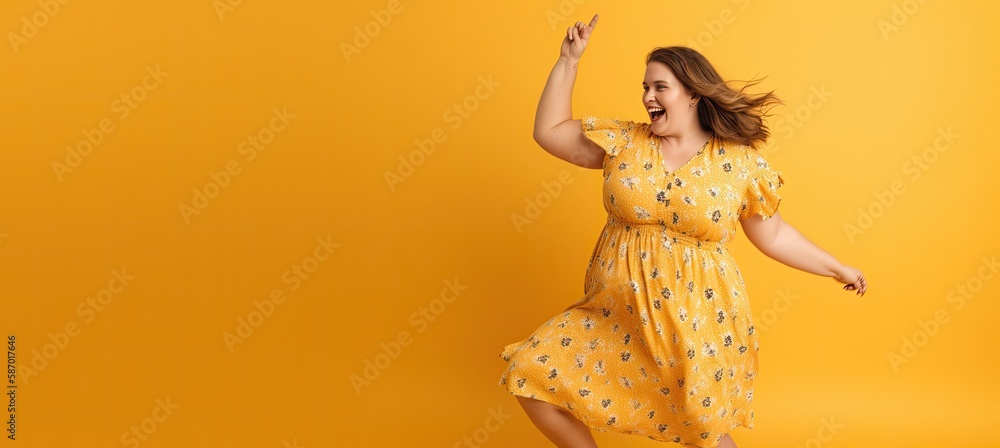 Beautiful Full Figured Body Positive Happy Woman Dancing on a Yellow Background with Space for Copy (Generative AI)