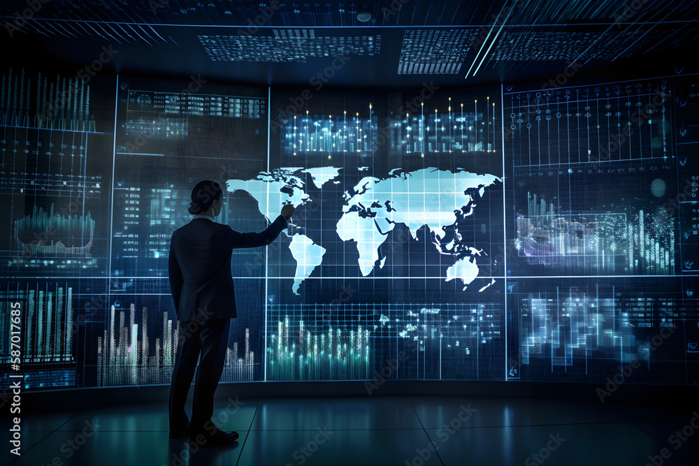 Person overlooking Global Business Data Analytics digital render Person overlooking Global Business Data Analytics digital render