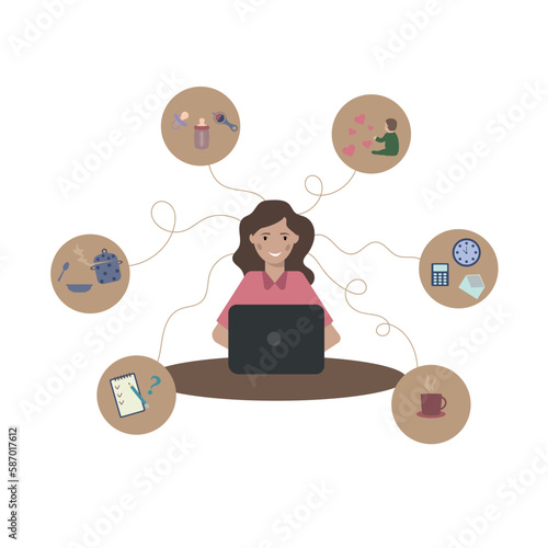 Working mother juggling tasks.Busy mom. Freelance work. Decree.