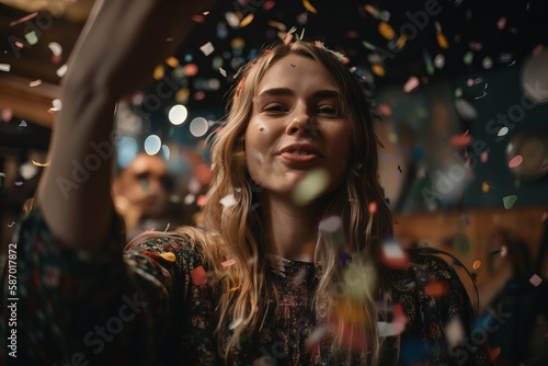 Celebrating happiness, young woman dancing with big smile throwing confetti. Party, holidays and birthday concept. Generative AI © artem