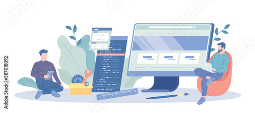 Front End Development. Programming and coding. Front end developers work on web interfaces. Vector illustration with character situation for web.