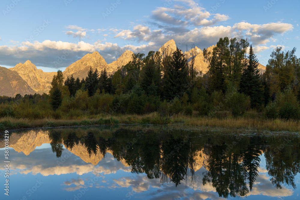 Scenic Sunrise Reflection Landscape in the Tetons in Autumn