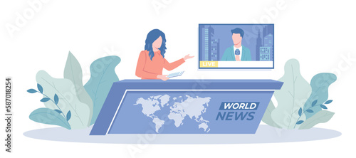 Journalists Reportage. TV News Studio with television presenter in broadcasting room with live report on screen. News anchor, journalist. Vector illustration with character situation for web.