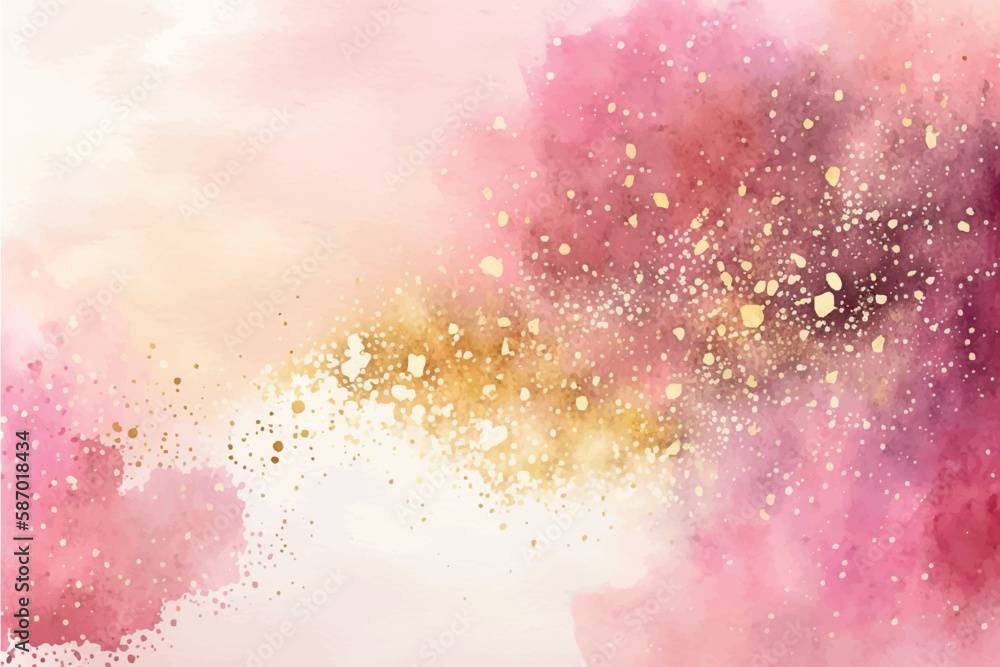 Mauve liquid watercolor background with golden glitter lines. Pastel violet marble alcohol ink drawing effect. Vector illustration of abstract stylish fluid art amethyst backdrop.