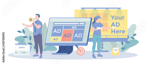 Social Media Promotion, Digital Marketing. PR Agency Team work to attract customers. Advertising campaign, branding, online promotion, e-commerce. Vector illustration with character situation for web.