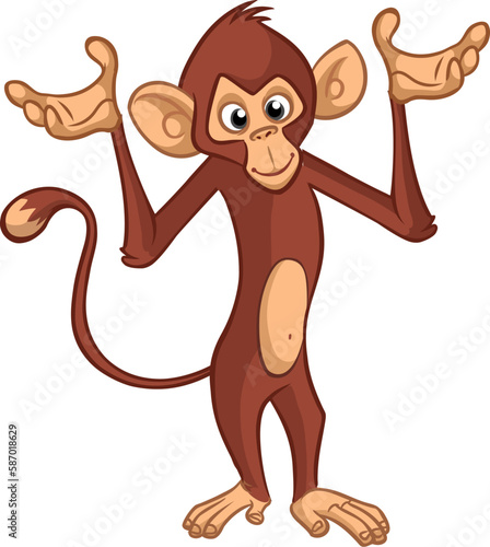 Cartoon monkey chimpanzee waving hands. Vector illustration of happy monkey character